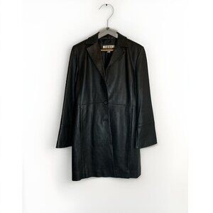 Nine Company Soft Leather Coat Black Button Front Pockets Lined‎ Sz M Grunge Y2K